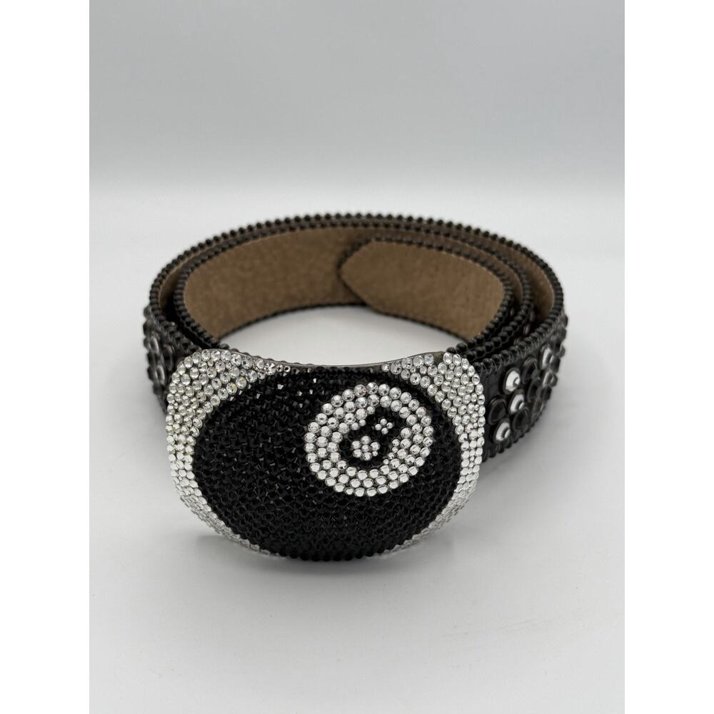 B.B. Simon Crystal Rhinestone Belt Black Leather Size 34 Pool 8 Ball Buckle Y2K